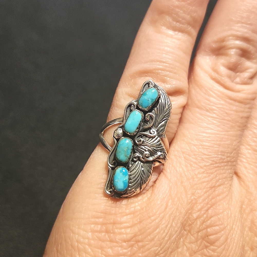 Turquoise Stone Silver Leaf Ring - Blue Accent Women’s Ring